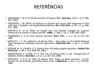 • ANDERSON; J. W. et al. Health benefits of dietary fiber. Nutr Rev., V.67, n. 4, P. 188- 
205, 2009. 
• ANDERSON, J. W. Effects of psyllium on glucose and serum lipid responses in men 
with type 2 diabetes and hypercholesterolemia. Am J Clin Nutr., v. 70, n.1, p. 466- 
473, 1999. 
• ESPOSITO, K. et al. Effect of weight loss and lifestyle changes on vascular 
inflammatory markers in obese women. JAMA., v. 289, n. 14, p. 1799- 804, 2003. 
• FERNANDEZ, S. et al. Fibra dietária (revisón). Nutri. Clin., v. 3, n. 13, p. 121-129, 
1983 
• HOWLETT, J. F. The definition of dietary fiber – discussions at the Ninth Vahouny 
Fiber Symposium: building scientific agreement. Food Nutr Res., v. 54, n. 1, 5750, 
2010. 
• PEREIRA, M. A, LUDWIG, D. S. Dietary fiber and body-weight regulation. Pediatr Clin 
North Am., v. 48, n. 4, p. 969-979, 2001. 
• WEINSTOCK,R. S, LEVINE, R. A. The role of dietary fiber in the management of 
diabetes mellitus. Nutrition, v. 4, n. 3, p. 187-193, 1988. 
• WHELTON, S. P. et al. Effect of dietary fiber intake on blood pressure: a meta-analysis 
of randomized, controlled clinical trials. J Hypertens., v. 23, n. 3, p. 475-81, 
2005. 
REFERÊNCIAS 
