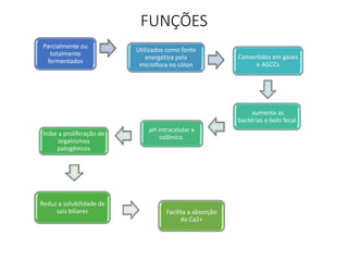 FUNÇÕES 
Parcialmente ou 
totalmente 
fermentados 
Utilizados como fonte 
energética pela 
microflora no cólon 
Convertidos em gases 
e AGCCs 
aumenta as 
bactérias e bolo fecal 
pH intracelular e 
colônico. 
Inibe a proliferação de 
organismos 
patogênicos 
Reduz a solubilidade de 
sais biliares Facilita a absorção 
do Ca2+ 
 
