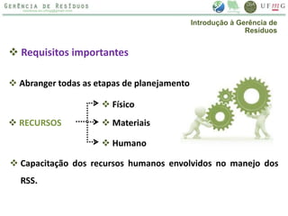  Requisitos importantes
 Abranger todas as etapas de planejamento
 RECURSOS
 Físico
 Materiais
 Humano
 Capacitação dos recursos humanos envolvidos no manejo dos
RSS.
Introdução à Gerência de
Resíduos
 