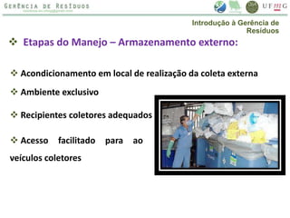  Etapas do Manejo – Armazenamento externo:
 Acondicionamento em local de realização da coleta externa
 Ambiente exclusivo
 Recipientes coletores adequados
 Acesso facilitado para ao
veículos coletores
Introdução à Gerência de
Resíduos
 