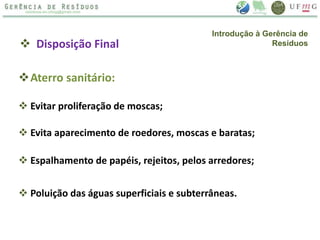 Introdução à Gerência de
Resíduos Disposição Final
Aterro sanitário:
 Evitar proliferação de moscas;
 Evita aparecimento de roedores, moscas e baratas;
 Espalhamento de papéis, rejeitos, pelos arredores;
 Poluição das águas superficiais e subterrâneas.
 