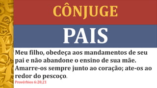 CÔNJUGE
PAIS
Meu filho, obedeça aos mandamentos de seu
pai e não abandone o ensino de sua mãe.
Amarre-os sempre junto ao coração; ate-os ao
redor do pescoço.
Provérbios 6:20,21
 