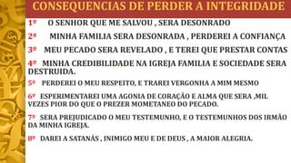 CONSEQUENCIAS DE PERDER A INTEGRIDADE
5º PERDEREI O MEU RESPEITO, E TRAREI VERGONHA A MIM MESMO
6º ESPERIMENTAREI UMA AGONIA DE CORAÇÃO E ALMA QUE SERA ,MIL
VEZES PIOR DO QUE O PREZER MOMETANEO DO PECADO.
7º SERA PREJUDICADO O MEU TESTEMUNHO, E O TESTEMUNHOS DOS IRMÃO
DA MINHA IGREJA.
8º DAREI A SATANÁS , INIMIGO MEU E DE DEUS , A MAIOR ALEGRIA.
1º O SENHOR QUE ME SALVOU , SERA DESONRADO
2ª MINHA FAMILIA SERA DESONRADA , PERDEREI A CONFIANÇA
3º MEU PECADO SERA REVELADO , E TEREI QUE PRESTAR CONTAS
4º MINHA CREDIBILIDADE NA IGREJA FAMILIA E SOCIEDADE SERA
DESTRUIDA.
 