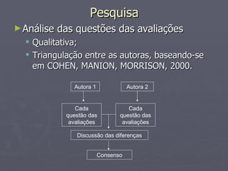 Pesquisa Análise das questões das avaliações Qualitativa; Triangulação entre as autoras, baseando-se em COHEN, MANION, MORRISON, 2000. Consenso Autora 1 Autora 2 Cada questão das avaliações Cada questão das avaliações Discussão das diferenças 