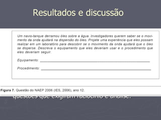 NAEP: questões envolvendo a abordagem de um mesmo sistema ou processo em diversos contextos. TIMSS e NAEP: descrição de procedimentos pelos alunos, simulando elaboração e implementação de testes com coleta de dados (figura 7). ENEM: diversas habilidades limitadas por questões de múltipla escolha. Apresentou maior número de questões que exigiram raciocínio e análise. Resultados e discussão 
