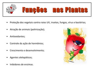 Funções nas Plantas Proteção dos vegetais contra raios UV, insetos, fungos, vírus e bactérias; Atração de animais (polinização); Antioxidantes; Controle da ação de hormônios; Crescimento e desenvolvimento; Agentes alelopáticos; Inibidores de enzimas. 