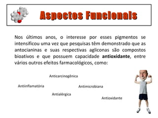 Nos últimos anos, o interesse por esses pigmentos se intensificou uma vez que pesquisas têm demonstrado que as antocianinas e suas respectivas agliconas são compostos bioativos e que possuem capacidade  antioxidante , entre vários outros efeitos farmacológicos, como: Aspectos Funcionais Antiinflamatória Antialérgica Antimicrobiana Antioxidante Anticarcinogênica 
