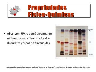 Absorvem UV, o que é geralmente  utilizado como diferenciador dos  diferentes grupos de flavonóides. Propriedades  Físico-Químicas Reproduções de análises de CCD do livro “Plant Drug Analysis”, H. Wagner e S. Bladt, Springer, Berlin, 1996.   