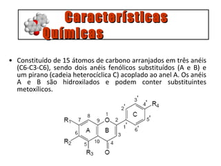 Constituído de 15 átomos de carbono arranjados em três anéis (C6-C3-C6), sendo dois anéis fenólicos substituídos (A e B) e um pirano (cadeia heterocíclica C) acoplado ao anel A. Os anéis A e B são hidroxilados e podem conter substituintes metoxílicos. Características  Químicas 