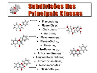 Flavonas  (1) ; Flavonóis  (2) ; Chalconas;  Auronas; Flavanonas  (3) ; Flavan-3-ol  (4) ;   Flavanas; Isoflavonas  (5) ;  Antocianidinas  (6) ;  Leucoantocianidinas; Proantocianidinas; Neoflavonóides; Flavanolol  (15) . Subdivisões Nas  Principais Classes 