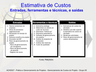 Estimativa de Custos
    Entradas, ferramentas e técnicas, e saídas




                                     Fonte: PMI(2004)




ACH2027 - Prática e Gerenciamento de Projetos - Gerenciamento de Custos do Projeto - Grupo 05
 