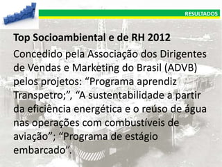RESULTADOS

Top Socioambiental e de RH 2012
Concedido pela Associação dos Dirigentes
de Vendas e Marketing do Brasil (ADVB)
pelos projetos: “Programa aprendiz
Transpetro;”, “A sustentabilidade a partir
da eficiência energética e o reúso de água
nas operações com combustíveis de
aviação”; “Programa de estágio
embarcado”.

 