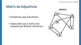 Matriz de Adjacência 
• O Grafo (G), possui 6 vértices. 
• Implica dizer que a matriz será 
composta por 6 linhas e 6 colunas. 
Estamos conhecendo: GRAFOS 
GRAFO G 
 