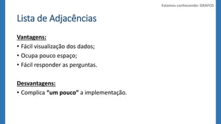 Lista de Adjacências 
Vantagens: 
• Fácil visualização dos dados; 
• Ocupa pouco espaço; 
• Fácil responder as perguntas. 
Desvantagens: 
• Complica “um pouco” a implementação. 
Estamos conhecendo: GRAFOS 
 