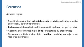 Percursos 
Algumas regras 
Estamos conhecendo: GRAFOS 
 A partir de uma ordem pré-estabelecida, os vértices de um grafo são 
percorridos, a partir de um deles; 
 Todos os caminhos relacionados a um vértices devem ser percorridos; 
 A escolha desse vértice inicial pode ser aleatório ou predefinido; 
 Geralmente a ideia é descobrir o melhor caminho, ou seja, o de 
menor comprimento. 
 