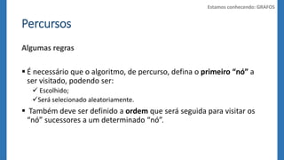 Percursos 
Algumas regras 
Estamos conhecendo: GRAFOS 
 É necessário que o algoritmo, de percurso, defina o primeiro “nó” a 
ser visitado, podendo ser: 
 Escolhido; 
Será selecionado aleatoriamente. 
 Também deve ser definido a ordem que será seguida para visitar os 
“nó” sucessores a um determinado “nó”. 
 