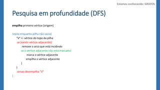 Pesquisa em profundidade (DFS) 
empilha primeiro vértice (origem) 
repita enquanto pilha não vazia{ 
"V" <- vértice do topo da pilha 
se (existir vértice adjacente){ 
remove o arco que está incidindo 
se o vértice adjacente não está marcado{ 
marca o vértice adjacente 
empilha o vértice adjacente 
} 
} 
senao desempilha "V" 
} 
Estamos conhecendo: GRAFOS 
 