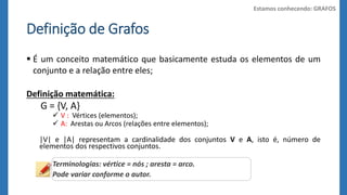 Definição de Grafos 
 É um conceito matemático que basicamente estuda os elementos de um 
conjunto e a relação entre eles; 
Definição matemática: 
G = {V, A} 
 V : Vértices (elementos); 
 A: Arestas ou Arcos (relações entre elementos); 
|V| e |A| representam a cardinalidade dos conjuntos V e A, isto é, número de 
elementos dos respectivos conjuntos. 
Terminologias: vértice = nós ; aresta = arco. 
Pode variar conforme o autor. 
Estamos conhecendo: GRAFOS 
 