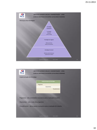 25-11-2013

Hierarquia das estratégias

Estratégia
corporativa
A estratégia
do grupo
como um todo

Estratégia de negócio
Táticas para fazer
frente à concorrência

Estratégia funcional
Métodos operacionais para
implementar as táticas

Aquilino Felizardo

22.11.2013

19

Implementação da Estratégia
Implementação da Estratégia
Programas
Orçamentos
Procedimentos

Programas – são as atividades necessárias para a realização do plano
Orçamentos – são o custo dos programas
Procedimentos – são os passos necessários para a realização do trabalho

Aquilino Felizardo

22.11.2013

20

10

 