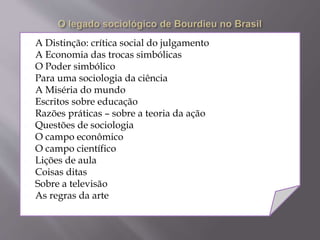  A Distinção: crítica social do julgamento
 A Economia das trocas simbólicas
 O Poder simbólico
 Para uma sociologia da ciência
 A Miséria do mundo
 Escritos sobre educação
 Razões práticas – sobre a teoria da ação
 Questões de sociologia
 O campo econômico
 O campo científico
 Lições de aula
 Coisas ditas
 Sobre a televisão
 As regras da arte
 