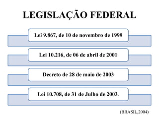 LEGISLAÇÃO FEDERAL 
Lei 9.867, de 10 de novembro de 1999 
Lei 10.216, de 06 de abril de 2001 
Decreto de 28 de maio de 2003 
Lei 10.708, de 31 de Julho de 2003. 
(BRASIL,2004) 
 