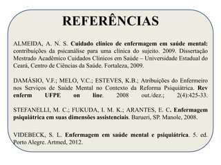 REFERÊNCIAS 
ALMEIDA, A. N. S. Cuidado clínico de enfermagem em saúde mental: 
contribuições da psicanálise para uma clínica do sujeito. 2009. Dissertação 
Mestrado Acadêmico Cuidados Clínicos em Saúde – Universidade Estadual do 
Ceará, Centro de Ciências da Saúde. Fortaleza, 2009. 
DAMÁSIO, V.F.; MELO, V.C.; ESTEVES, K.B.; Atribuições do Enfermeiro 
nos Serviços de Saúde Mental no Contexto da Reforma Psiquiátrica. Rev 
enferm UFPE on line. 2008 out./dez.; 2(4):425-33. 
STEFANELLI, M. C.; FUKUDA, I. M. K.; ARANTES, E. C. Enfermagem 
psiquiátrica em suas dimensões assistenciais. Barueri, SP. Manole, 2008. 
VIDEBECK, S. L. Enfermagem em saúde mental e psiquiátrica. 5. ed. 
Porto Alegre. Artmed, 2012. 
 