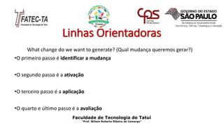 Linhas Orientadoras
What change do we want to generate? (Qual mudança queremos gerar?)
•O primeiro passo é identificar a mudança
•O segundo passo é a ativação
•O terceiro passo é a aplicação
•O quarto e último passo é a avaliação
Faculdade de Tecnologia de Tatuí
“Prof. Wilson Roberto Ribeiro de Camargo”
 