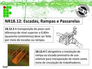 NR18.12: Escadas, Rampas e Passarelas
18.12.3 A transposição de pisos com
diferença de nível superior a 0,40m
(quarenta centímetros) deve ser feita
por meio de escadas ou rampas.
18.12.4 É obrigatória a instalação de
rampa ou escada provisória de uso
coletivo para transposição de níveis como
meio de circulação de trabalhadores.
Sued
 