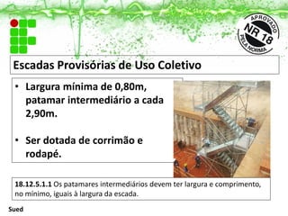 Escadas Provisórias de Uso Coletivo
• Largura mínima de 0,80m,
patamar intermediário a cada
2,90m.
• Ser dotada de corrimão e
rodapé.
18.12.5.1.1 Os patamares intermediários devem ter largura e comprimento,
no mínimo, iguais à largura da escada.
Sued
 