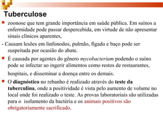 Tuberculose
 zoonose que tem grande importância em saúde pública. Em suínos a 
enfermidade pode passar despercebida, em virtude de não apresentar 
sinais clínicos aparentes, 
- Causam lesões em linfonodos, pulmão, fígado e baço pode ser 
suspeitada por ocasião do abate. 
 É causada por agentes do gênero mycobacterium podendo o suíno 
pode se infectar ao ingerir alimentos como restos de restaurantes, 
hospitais, e disseminar a doença entre os demais.
 O diagnóstico no rebanho é realizado através do teste da
tuberculina, onde a positividade é vista pelo aumento de volume no 
local onde foi realizado o teste. As provas laboratoriais são utilizadas 
para o  isolamento da bactéria e os animais positivos são 
obrigatoriamente sacrificado. 
 