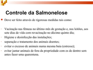 Controle da Salmonelose
 Deve ser feito através de rigorosas medidas tais como: 
- Vacinação nas fêmeas no último mês de gestação e, nos leitões, aos 
sete dias de vida com revacinação no décimo quinto dia;
- Higiene e desinfecção das instalações;
- separação e tratamento dos animais doentes;
- evitar o excesso de animais numa mesma baia (estresse); 
- evitar juntar animais de fora da propriedade com os de dentro sem 
antes fazer uma quarentena.
 