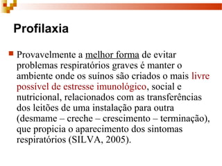 Profilaxia
 Provavelmente a melhor forma de evitar
problemas respiratórios graves é manter o
ambiente onde os suínos são criados o mais livre
possível de estresse imunológico, social e
nutricional, relacionados com as transferências
dos leitões de uma instalação para outra
(desmame – creche – crescimento – terminação),
que propicia o aparecimento dos sintomas
respiratórios (SILVA, 2005).
 