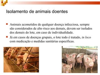 Isolamento de animais doentes
 Animais acometidos de qualquer doença infecciosa, sempre 
são considerados de alto risco aos demais, devem ser isolados 
dos demais do lote, em caso de individualidade.
 Já em casos de doenças grupais, o lote todo é tratado, in loco
com medicação e medidas sanitárias específicas.
 