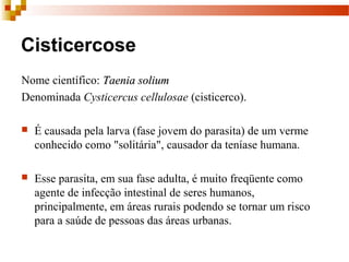 Nome científico: Taenia soliumTaenia solium
Denominada Cysticercus cellulosae (cisticerco).
 É causada pela larva (fase jovem do parasita) de um verme 
conhecido como "solitária", causador da teníase humana.
 Esse parasita, em sua fase adulta, é muito freqüente como 
agente de infecção intestinal de seres humanos, 
principalmente, em áreas rurais podendo se tornar um risco 
para a saúde de pessoas das áreas urbanas. 
Cisticercose
 