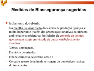  Isolamento do rebanho
- Na escolha da localização do sistema de produção (granja), é 
muito importante ir além das observações relativas ao impacto 
ambiental e considerar as facilidades de controle de vetores 
que possam surgir em virtude de outros estabelecimento 
vizinhos:
- Ventos dominantes, 
- Distância de estradas, 
- Estabelecimento de cortina verde e 
- Cercas e acesso de animais selvagens ou domésticos na área 
de isolamento.
Medidas de Biossegurança sugeridas
 