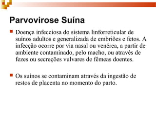 Parvovirose Suína
 Doença infecciosa do sistema linforreticular de
suínos adultos e generalizada de embriões e fetos. A
infecção ocorre por via nasal ou venérea, a partir de
ambiente contaminado, pelo macho, ou através de
fezes ou secreções vulvares de fêmeas doentes.
 Os suínos se contaminam através da ingestão de
restos de placenta no momento do parto.
 