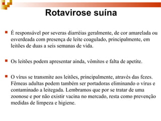 Rotavirose suína
 É responsável por severas diarréias geralmente, de cor amarelada ou
esverdeada com presença de leite coagulado, principalmente, em
leitões de duas a seis semanas de vida.
 Os leitões podem apresentar ainda, vômitos e falta de apetite.
 O vírus se transmite aos leitões, principalmente, através das fezes.
Fêmeas adultas podem também ser portadoras eliminando o vírus e
contaminado a leitegada. Lembramos que por se tratar de uma
zoonose e por não existir vacina no mercado, resta como prevenção
medidas de limpeza e higiene.
 