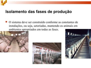 Isolamento das fases de produção
 O sistema deve ser construído conforme as constantes de 
instalações, ou seja, setoriadas, mantendo os animais em 
ambientes apropriados em todas as fases.
 