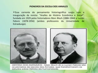 PIONEIROS DA ESCOLA DOS ANNALES
Essa corrente do pensamento historiográfico surgiu com a
inauguração da revista: “Analles de História Econômica e Social”,
fundada em 1929 pelos historiadores Marc Bloch (1886-1944) e Lucién
Febvre (1878-1956) (ambos professores da Universidade de
Estrasburgo).
 