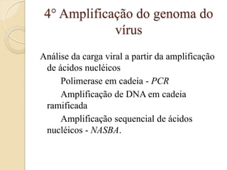 4° Amplificação do genoma do vírus 
Análise da carga viral a partir da amplificação de ácidos nucléicos 
Polimerase em cadeia - PCR 
Amplificação de DNA em cadeia ramificada 
Amplificação sequencial de ácidos nucléicos - NASBA.  