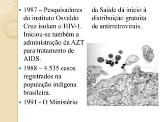 1987 – Pesquisadores do instituto Osvaldo Cruz isolam o HIV-1. Iniciou-se também a administração da AZT para tratamento de AIDS. 
1988 – 4.535 casos registrados na população indígena brasileira. 
1991 - O Ministério da Saúde dá início à distribuição gratuita de antirretrovirais. 
 