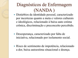 Diagnósticos de Enfermagem (NANDA ) 
Distúrbios da identidade pessoal, caracterizado por incertezas quanto a meta e valores culturais e ideológicos, relacionado à baixa auto estima crônica, discriminação e preconceito percebido. 
Desesperança, caracterizado por falta de iniciativa, relacionado por isolamento social. 
Risco de sentimento de impotência, relacionado a dor, baixa autoestima situacional e doença.  