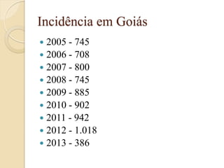 Incidência em Goiás 
2005 - 745 
2006 - 708 
2007 - 800 
2008 - 745 
2009 - 885 
2010 - 902 
2011 - 942 
2012 - 1.018 
2013 - 386  