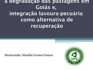 a degradação das pastagens em
Goiás e,
integração lavoura-pecuária
como alternativa de
recuperação

Mestranda: Marília Gomes Ismar

 