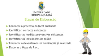 Etapas de Elaboração
 Conhecer o processo do local analisado
 Identificar os riscos existentes
 Identificar as medidas preventivas existentes
 Identificar os indicadores de saúde
 Conhecer os levantamentos ambientais já realizados
 Elaborar o Mapa de Risco
 