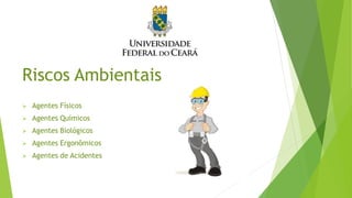 Riscos Ambientais
 Agentes Físicos
 Agentes Químicos
 Agentes Biológicos
 Agentes Ergonômicos
 Agentes de Acidentes
 
