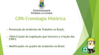 CIPA-Cronologia Histórica
 Prevenção de Acidentes de Trabalho no Brasil;
 1944-Criação da Legislação que favorece a criação das
CIPA’S
 Modificações no quadro de acidentes no Brasil
 