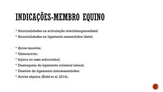 INDICAÇÕES-MEMBRO EQUINO
 Anormalidades na articulação interfalangianadistal
 Anormalidades no ligamento sesamóideo distal;
 Atrite/sinovite;
 Osteoartrite;
 Injúria no osso subcondral;
 Desmopatia do ligamento colateral lateral;
 Desmite do ligamento intersesamóideo
 Artrite séptica (Kidd et al, 2014).
 