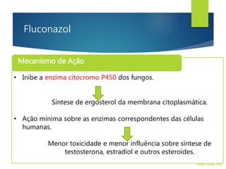 Mecanismo de Ação
• Inibe a enzima citocromo P450 dos fungos.
Síntese de ergosterol da membrana citoplasmática.
• Ação mínima sobre as enzimas correspondentes das células
humanas.
Menor toxicidade e menor influência sobre síntese de
testosterona, estradiol e outros esteroides.
Walter Tavares, 2006.
Fluconazol
 