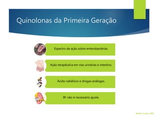 Quinolonas da Primeira Geração
Espectro de ação sobre enterobactérias.
Ação terapêutica em vias urinárias e intestino.
Ácido nalidíxico e drogas análogas.
IR: não é necessário ajuste.
Walter Tavares, 2006.
 